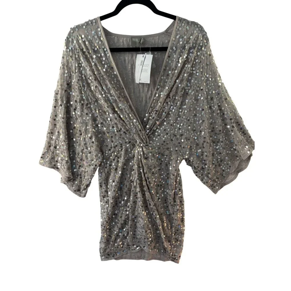 ASOS Beige Sequin Wrap Mini Dress With Flared Sleeves V-Neck Size 6 Polyester Bl - Picture 1 of 8